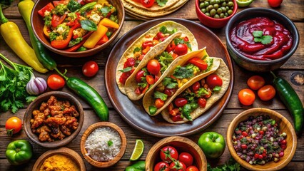 Vibrant Mexican Cuisine Featuring Tacos, Enchiladas, Salsa, and Colorful Vegetables on a Table