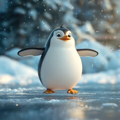 A cheerful cartoon penguin standing on ice, surrounded by a snowy landscape, exuding charm and playfulness perfect for winter themes.