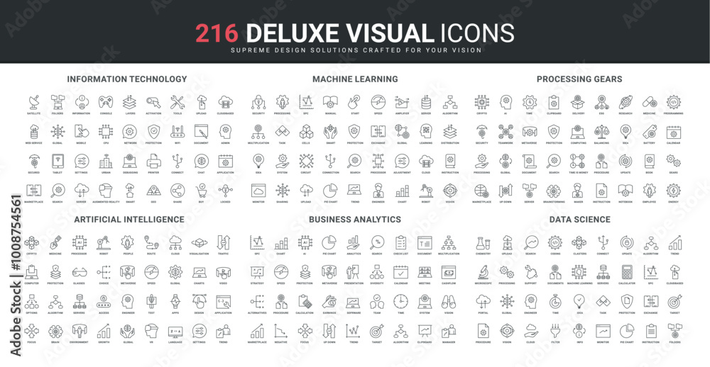 Wall mural artificial intelligence, information technology for business analytics, science line icon set. data 