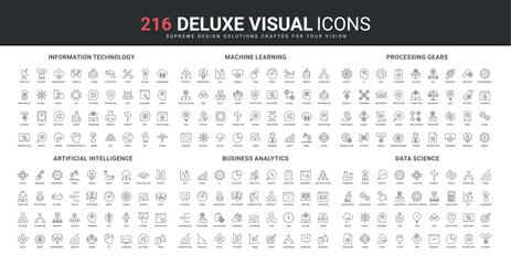 Artificial intelligence, information technology for business analytics, science line icon set. Data processing operations, machine learning and AI thin black outline symbols vector illustration