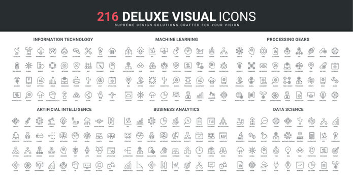 Artificial intelligence, information technology for business analytics, science line icon set. Data processing operations, machine learning and AI thin black outline symbols vector illustration