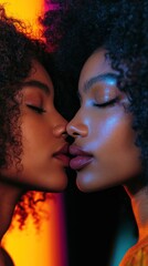 Fototapeta premium Intimate and vibrant image of two Afro women in neon light with LGBT theme, AI generated