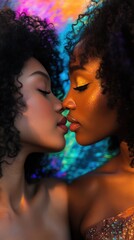 Obraz premium Intimate and vibrant image of two Afro women in neon light with LGBT theme, AI generated