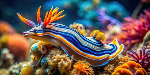Vibrant Nudibranch on Coral Reef Showcasing Nature's Underwater Beauty and Biodiversity in Ocean