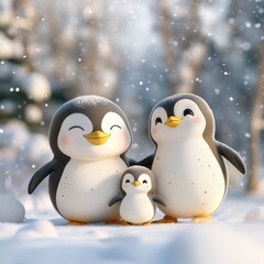 Adorable cartoon penguins enjoying a snowy winter day together, showcasing family love and joy in a whimsical setting.