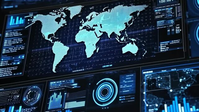 A world map is displayed on a screen with various blue digital data panels