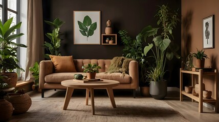 Fototapeta premium Stylish home garden interior brimming with a variety of plants, including cacti, succulents, and air plants in unique pots, complemented by green wall paneling. Home gardening concept.