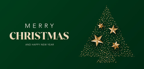 Merry Christmas background. New Year template with shinny gold stars and confetti with green background. Vector illustration for xmas, holiday, greeting card, website, brochure, flyer,  social media.