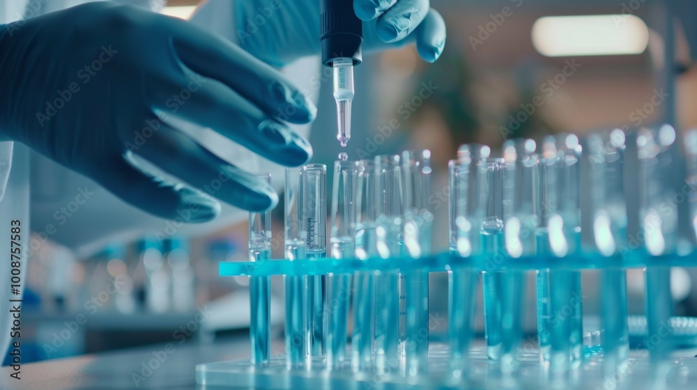 Poster A scientist is working with a blue liquid in a lab