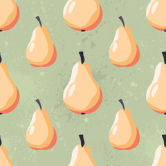 Vector seamless pattern with sweet yellow pears on pastel green textured background