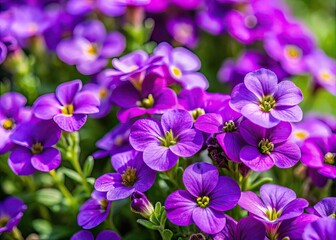 Fototapeta premium Vibrant Purple Aubrieta Flowers Blooming in Spring with Lush Green Foliage in a Garden Setting
