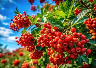 Vibrant red berries on a lush green tree in a picturesque natural setting during sunny weather