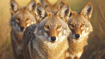 Obraz premium A group of coyotes standing together in a natural setting.