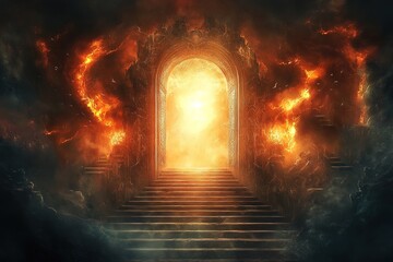 3D illustration of a burning staircase and door

