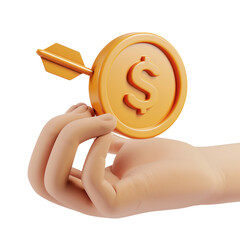3D Hand holding coin with arrow. Cashback concept. isolated on transparent background
