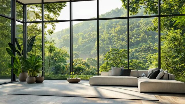A modern living room with a large window showcasing a lush, green forest view