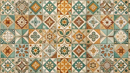 A patchwork of intricate tile patterns, showcasing a harmonious blend of earthy tones and floral motifs.