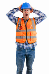 vertical Surprised construction worker holding his head with hands wearing orange vest and helmet