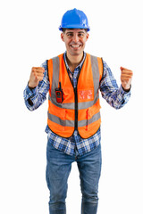 vertical Triumphant construction worker celebrating towards the camera with clenched fists