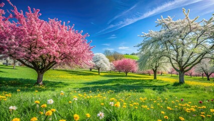 Naklejka premium Vibrant Spring Landscape with Blooming Flowers and Lush Green Grass Under Clear Blue Sky