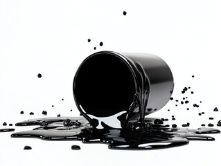 Spilled black paint from a can on a white isolated background.