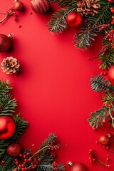 Christmas background with red and golden decoration. Top view with copy space