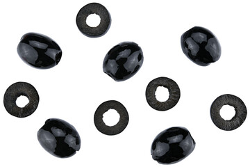 Scattered natural pitted black olives preserved and sliced isolated on a transparent background. Completely in focus. Top view.
