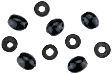 Scattered natural pitted black olives preserved and sliced isolated on a transparent background. Completely in focus. Top view.
