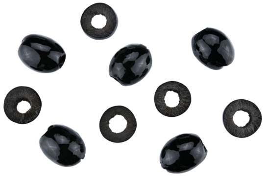 Scattered natural pitted black olives preserved and sliced isolated on a transparent background. Completely in focus. Top view.