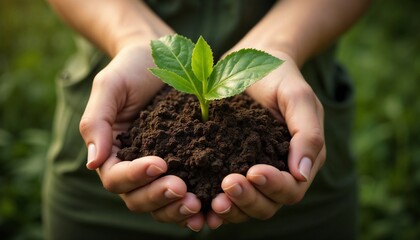 Fototapeta premium Hands holding soil with a plant sprout