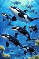 A vibrant underwater scene featuring orcas swimming among coral reefs.