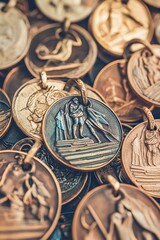 Fototapeta premium Close-up shot of Olympic medals, entwined with ancient Roman gladiatorial arenas, symbolizing sports evolution