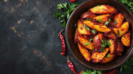 Top view of spicy potato wedges, a popular snack for South Asian children. Copy space available