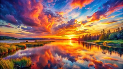 Vibrant Sunset Watercolor Painting with Bold Colors and Soft Blends Capturing Nature's Beauty