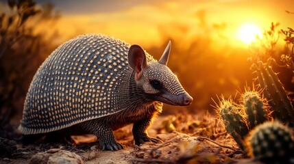 Obraz premium A close-up of an armadillo at sunset, surrounded by cacti in a natural landscape.
