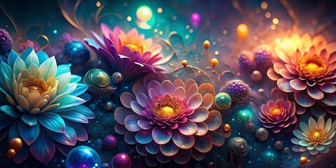 A Symphony of Bloom  Cosmic Flowers Enchanting the Night Sky With Glowing Petals and Shimmering Spheres
