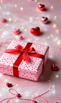 A pink box with a red bow on top of it. The box is decorated with red polka dots and has a heart on it. The box is placed on a white surface with a red string hanging from it