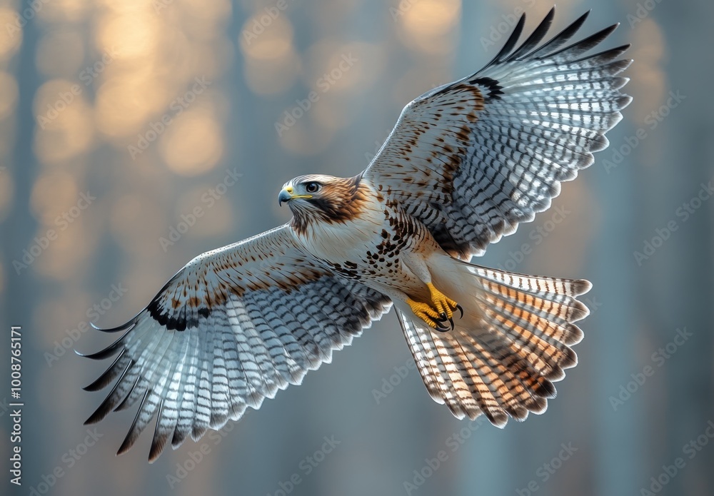 Wall mural Red-tailed Hawk in Flight Against Blurry Background