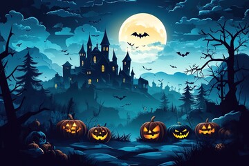 Flying bat with Halloween sweets bucket, vector Halloween holiday. Cartoon bat carrying pumpkin with trick or treat candies in dark night sky with full moon, creepy midnight cemetery and haunted house