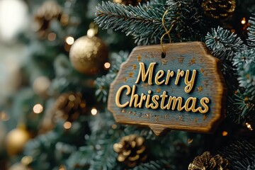 Festive tree decoration “Merry Christmas” text.
