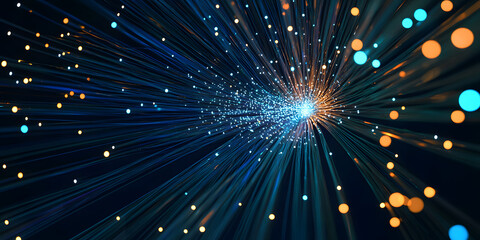 Wireless data transmission, high speed internet. Information flow in abstract cyberspace. Neural network 3D illustration. Big data and cybersecurity. Data stream. Global database and AI