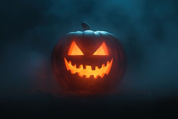 Naklejka premium For Halloween, with party symbols, hell witch table with lighted pumpkins, 3D rendering 