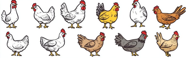 Hand-drawn hen illustration isolated on white. Colorful domestic birds hand-drawn on a white background.