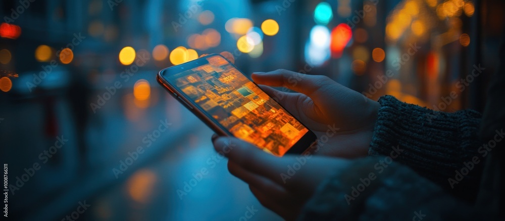 Poster Person Holding a Smartphone in a City at Night