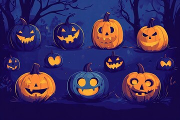 Halloween pumpkin head jack lantern with burning candles in scary deep night forest
