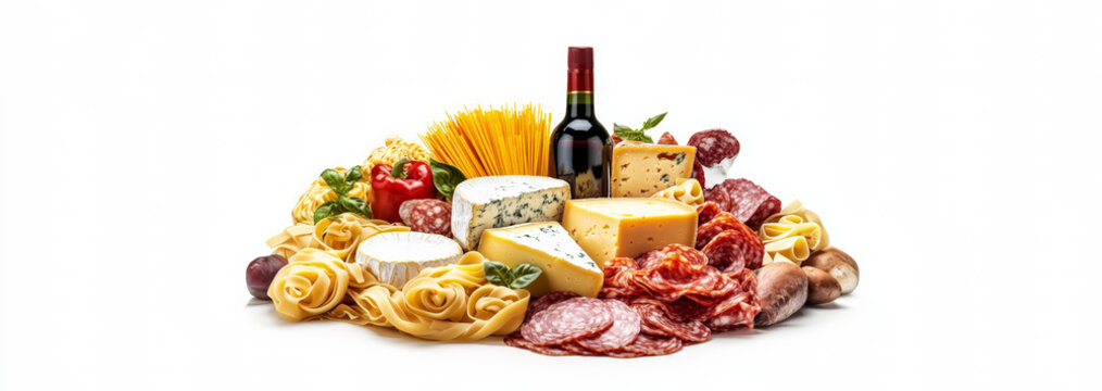 An elegant bouquet composed of classic Italian food products: fresh pasta, assorted cheeses, cured meats, a bottle of wine, and artisanal grocery items. 