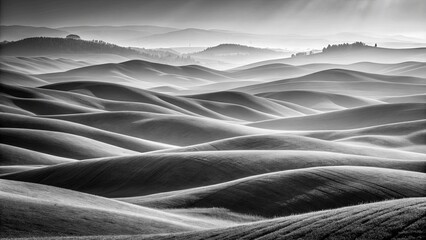 A Monochromatic Landscape of Rolling Hills, Bathed in a Soft Light, Creating an Abstract Pattern of Curves and Shadows