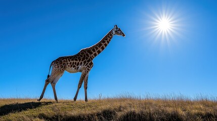 Obraz premium A solitary giraffe stands on a grassy hill under a bright sun against a clear blue sky.