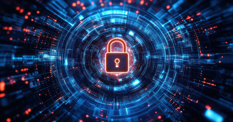 Obraz premium A futuristic digital background features a padlock surrounded by glowing technology elements, highlighting concepts of security and cybersecurity