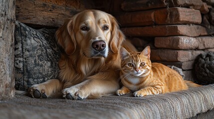 A friendly dog and cat cuddle comfortably on a soft, inviting couch